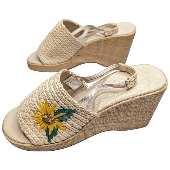 Vtg Y2K Ivory Woven Raffia Sunflower Chunky Wedge Heel Slingback Sandals 10 - Picture 7 of 7
